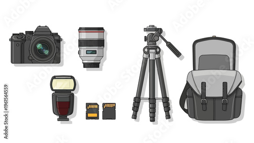 Collection of photography equipment including a camera, lens, flash, memory cards, tripod, and bag on a white background