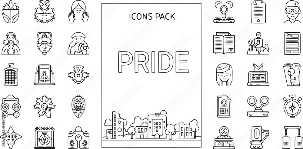 Naklejka premium Outline Icons Pack: Diverse Line Art Symbols for Web App UI Design. People, Business, Tech, Nature, and Abstract Concepts. Titled 'PRIDE'.
