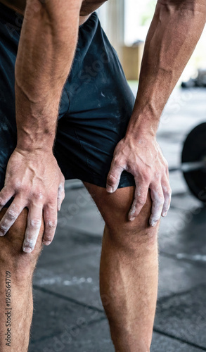 Exhausted Hyrox Athlete Resting, Chalked Hands on Knees in Gym, close up shot