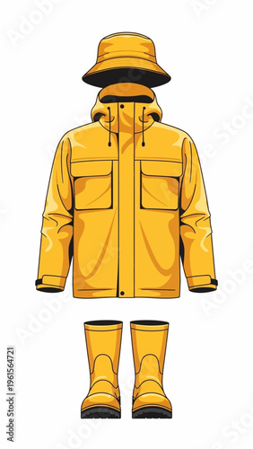 Yellow raincoat and boots ensemble for rainy weather protection, outdoor gear for bad weather