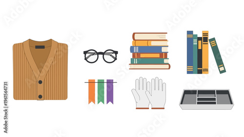 Collection of study and reading materials, including books, glasses, and clothing accessories