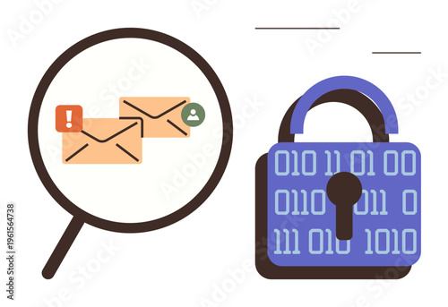 Cybersecurity, data privacy, email safety, digital protection, information security, communication monitoring. Magnifying glass viewing email notifications and a digital padlock. Cybersecurity