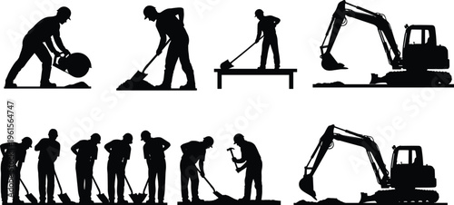 Silhouette construction workers and heavy machinery performing diverse tasks including shoveling, sweeping, sawing, hammering, and excavator operation, representing teamwork, labor, indus