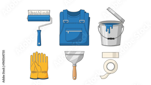 DIY painting and renovation tools roller, gloves, spatula, paint can, tape, and overalls for home improvement projects