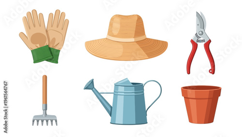 Gardening tools and accessories, including gloves, a hat, pruning shears, a rake, a watering can, and a flower pot, for planting and maintenance