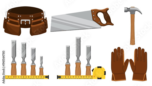 Collection of woodworking tools including a hammer, chisels, saw, measuring tape, and leather apron with pouches