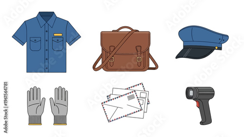 Collection of postal worker uniform and equipment essentials, including shirt, cap, satchel, gloves, letters, and scanner