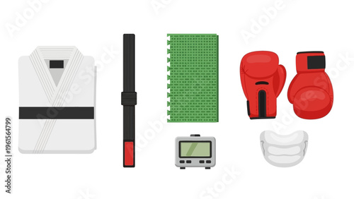 Collection of martial arts equipment including a uniform, mat, gloves, mouthguard, and timer