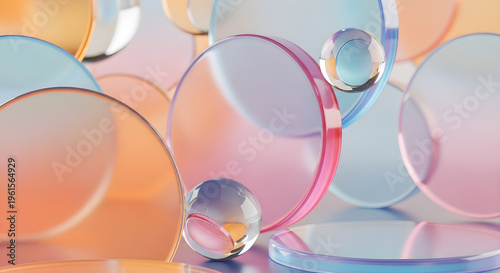 Abstract 3D Render of Colorful Translucent Glass Geometric Shapes and Spheres