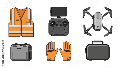 Collection of safety and equipment items including a hi-vis vest, drone remote, drone, protective gloves, and carrying cases for professional field work