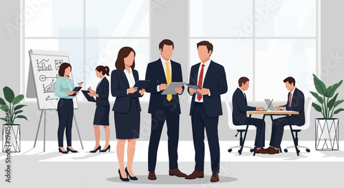 Business people in formal attire standing.