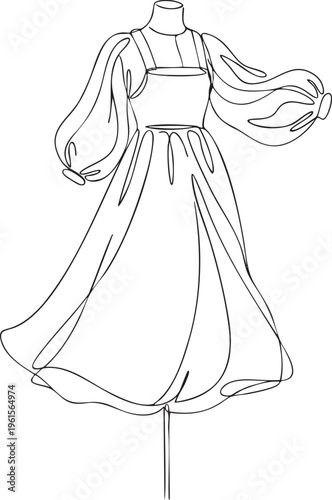 Continuous single black line drawing of Russian Sarafan jumper dress on an elevated simple dummy with blouse sleeves flowing in side gust.