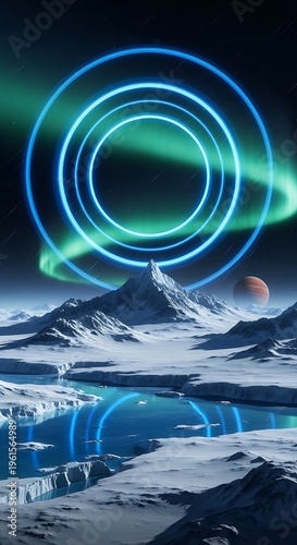 Futuristic Alien Planet Landscape with Neon Rings and Aurora Borealis.