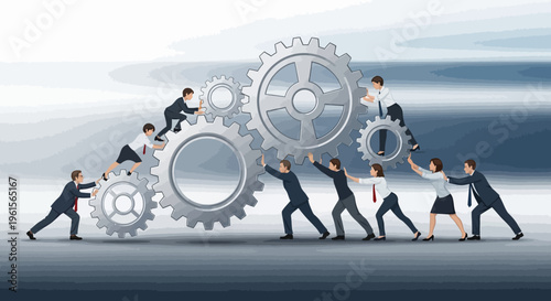 Business people pushing large metal gears.
