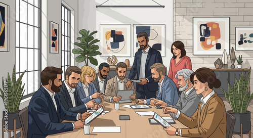 Business people sitting around meeting table.