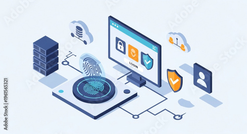 Isometric Illustration of Online Security System with Fingerprint Scan.