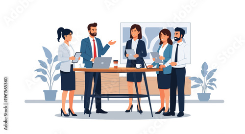 Business people standing around office desk.