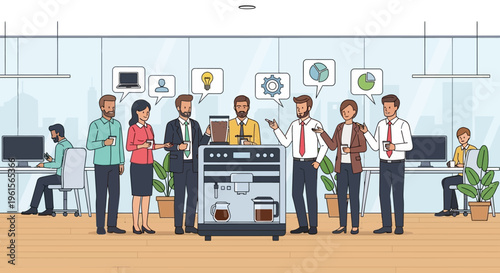 Business people standing around vending machine.