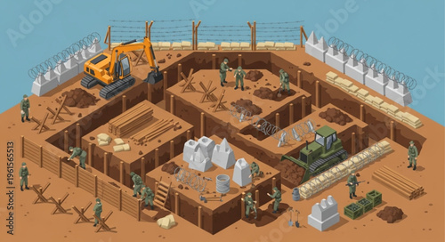 Construction Site Illustration - Excavation and Building Process with Machinery.
