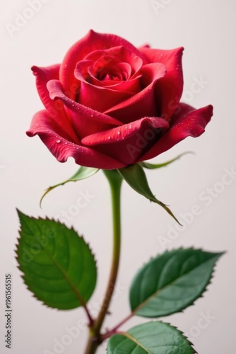 A single red rose, heart-shaped petals, dew drops , vivid, red rose, affection