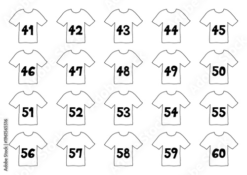 41から60までの数字が書いてあるシャツの手描きイラストセット