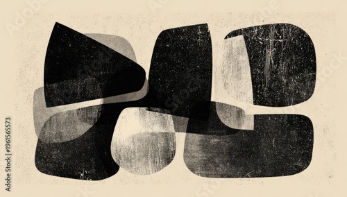 Abstract composition featuring layered, organically shaped forms in grayscale against a textured background