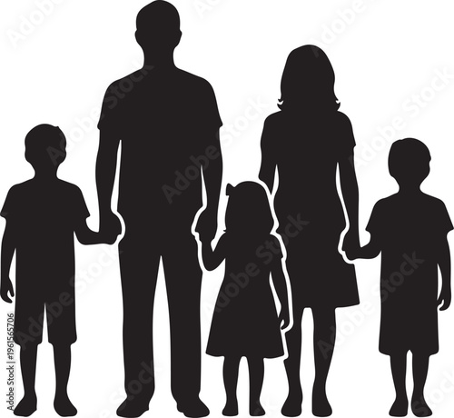Silhouette of a happy family of five standing together