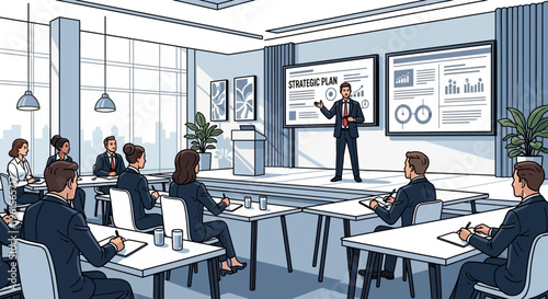 Businessman giving presentation to audience.