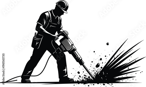 Silhouette illustration of construction worker operating jackhammer with debris flying, wearing hard hat and overalls, symbolizing manual labor, industry, strength, and building site activities