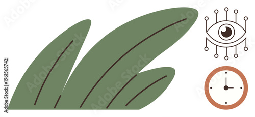 Technology integration, eco awareness, nature , digital eyes, time management, environmental protection. Green leaves with digital eye and clock. Eco awareness and digital technology concepts