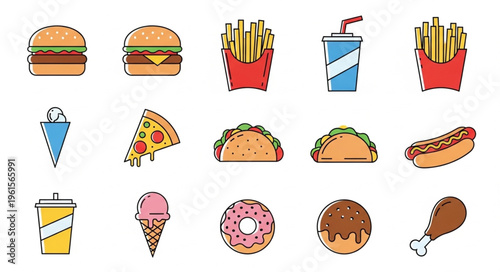 Fast Food Icons - Burgers, Fries, Pizza, Tacos, and More.