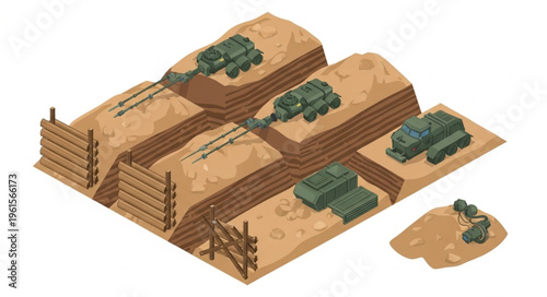 Isometric view of military base with tanks and fortifications.