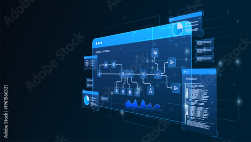 AI workflow automation artificial intelligence. futuristic ai system architecture and automation workflow visualization with code panels, connected modules, and data pipelines.