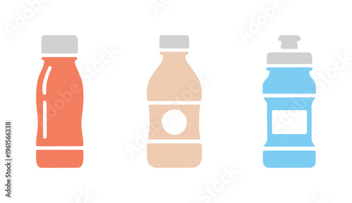 Group of plastic liquid food bottles in multiple forms and designs.