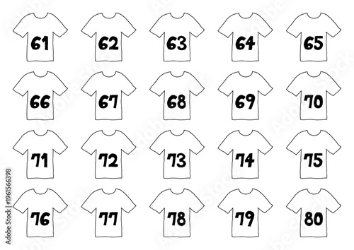 61から80までの数字が書いてあるシャツの手描きイラストセット