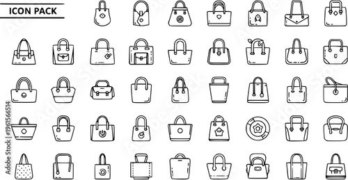 Icon Pack of Various Handbags and Purses, Clean Line Art Illustrations