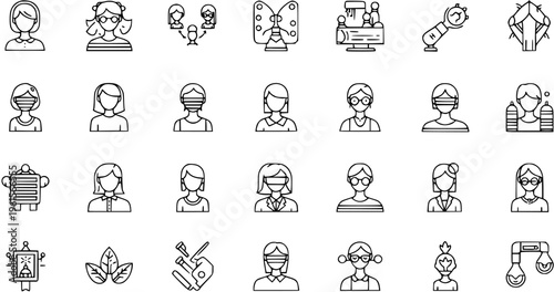 Line Art Vector Icon Set: Diverse Avatars, Female Professionals, Masked Faces, and Everyday Objects for Web UI and App Design