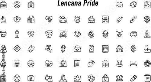 "Lencana Pride" Line Art Icon Set: A diverse collection of 64 outline vector graphics for web, app, and print design.