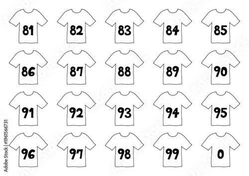 0と81から99までの数字が書いてあるシャツの手描きイラストセット