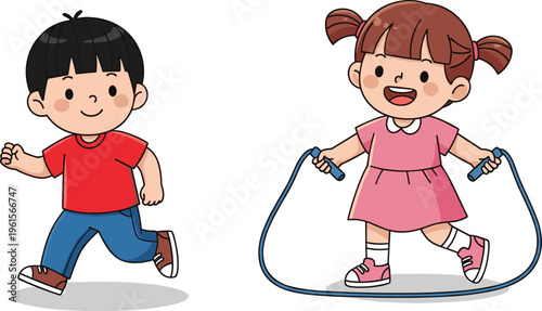 Cute Cartoon Illustration of a Little Boy Running and a Happy Girl Jumping Rope Isolated on White Background for Kids Health and Education Designs