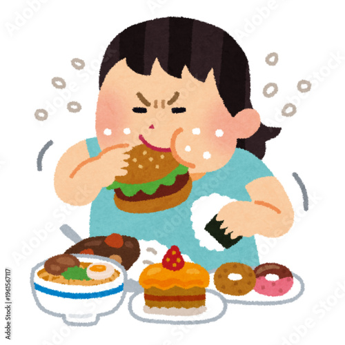 Illustration of a woman indulging in high-calorie foods, depicting cravings and unhealthy eating habits