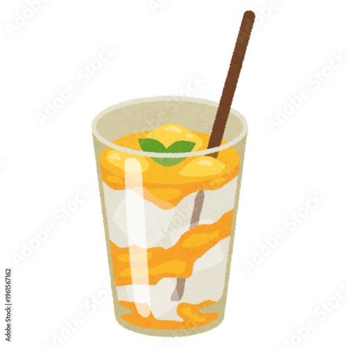 Illustration of refreshing mango lassi drink in a glass, creamy and tropical style