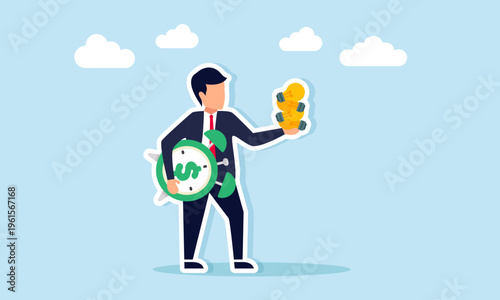 Businessman carrying light bulbs and dollar alarm clock illustration of time and financial management discipline for business ideas and innovation concept