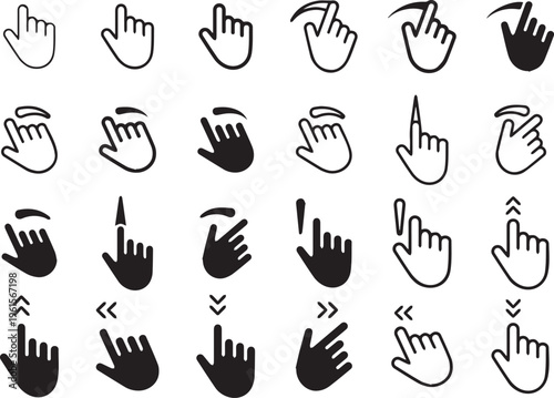 Collection of hand gesture icons for touch screen interface showing swipe tap scroll and multi touch movements