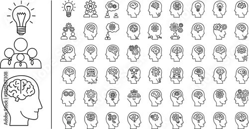 Creative Brainstorming and Idea Generation Icon Set with Lightbulbs, Brains, and Teamwork for Business, Innovation, and Creative Design Vector Collection