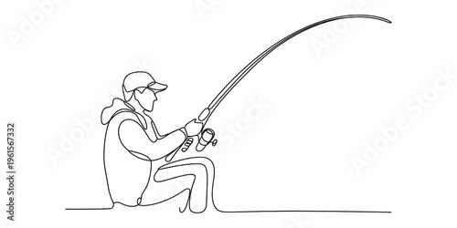 Minimalist continuous line art of a man sitting and fishing with a curved rod on white background
