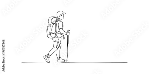 Continuous line drawing of a male hiker with a backpack and trekking pole walking on a path