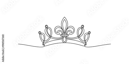Minimalist continuous line drawing of an elegant royal crown with a fleur-de-lis symbol