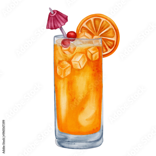 Watercolor illustration of a refreshing orange cocktail drink with ice, vibrant and summery
