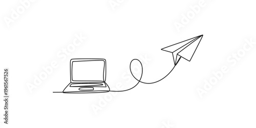Single line drawing of a laptop computer and a paper airplane representing communication and travel.